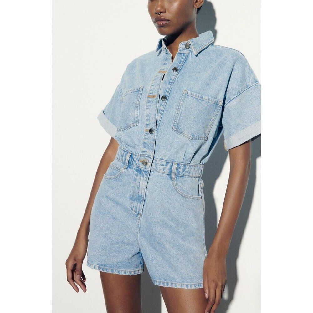 Zara Womens Romper M Blue Denim Jean Light Wash Short Sleeve 7147/035 NWT